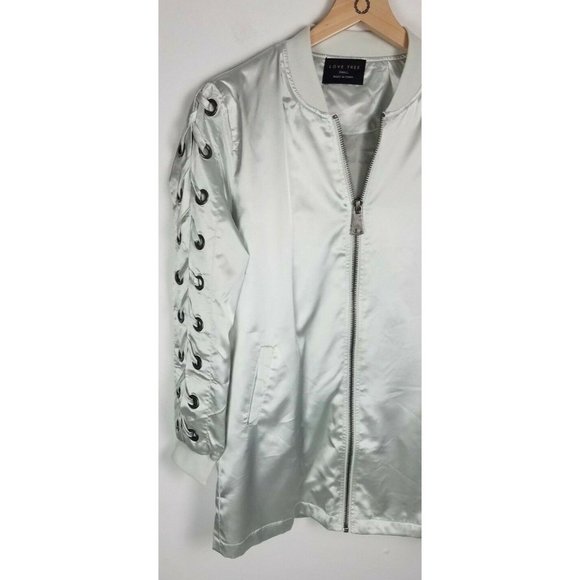 Love Tree Sz. Small Silver Satin Braided Sleeve Zip Up Bomber Jacket W/ Pockets - Picture 3 of 7